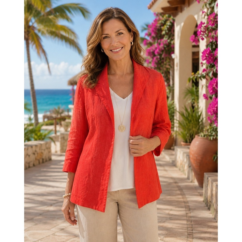 Coldwater Creek P10 Coral Linen Blend Open Front Blazer Jacket Petite -3181